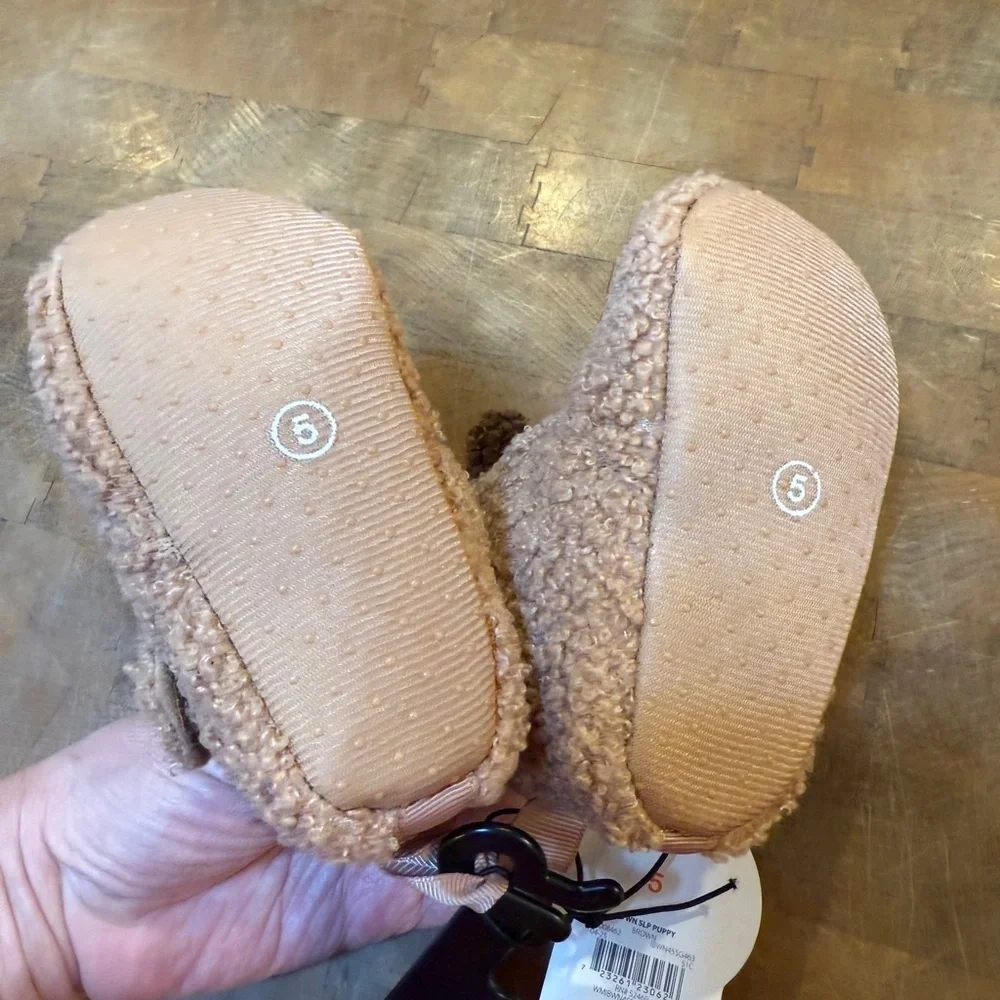 Plush Puppy Baby Slippers in Light Brown Sz 5 Velcro Warm Winter Slip on Shoe
